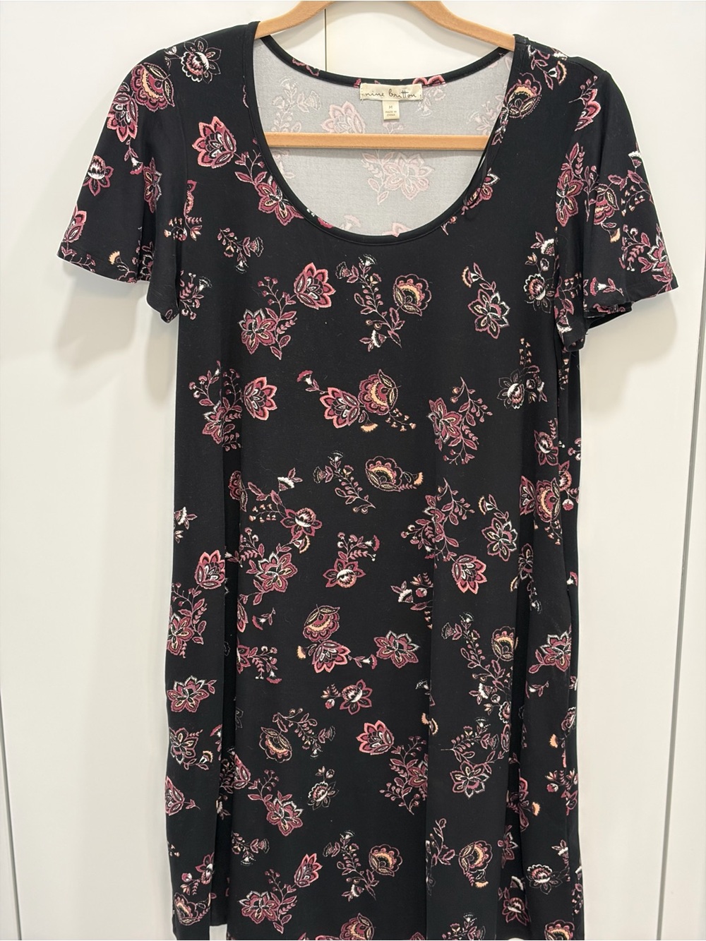 Floral Scoop Neck Short Sleeve Dress - Black with Pink Floral Print